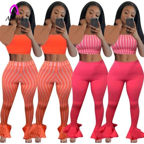 Stripe Women Two Piece Set Tracksuit Off Shoulder Crop Tops + Ruffles Flare Jogging Pants Sweatpants Suit Outfit Matching Set