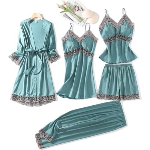 5PCS Pajamas Suit Lady Sleepwear Sexy Satin Kimono Bathrobe Gown LACE Intimate Lingerie Homewear Spring Autumn New Pyjamas