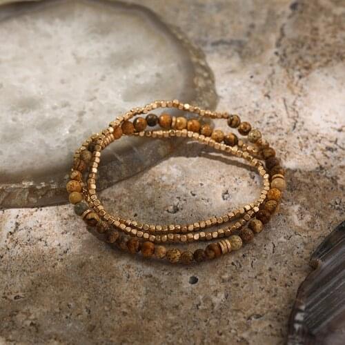 Vintage Gold Silver Color Square Beades Handmade Bracelets for Men Women Elastic Rope Natural Stone Beaded Bracelet Jewelry