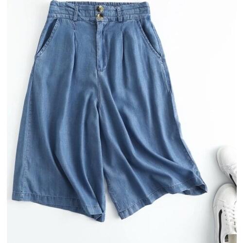 High waist knee length denim pants women summer blue Jeans loose pants elastic waist casual pants cotton