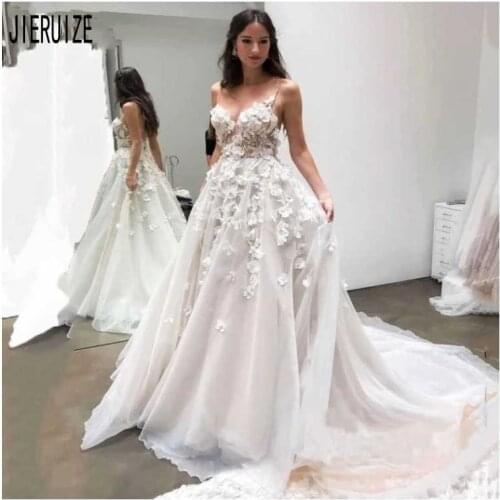 JIERUIZE Romantic Boho Wedding Dresses 3D Floral Appliques Spaghetti Straps Sweetheart Backless Bridal Gowns Vestido de noiva