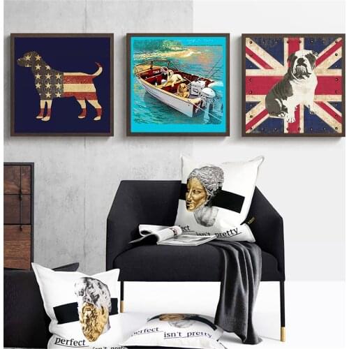 English America Flag Dog Wall Art Retro Canvas Painting Pictures for Living Room Cute Poster Funny Animals Cuadros Decoration