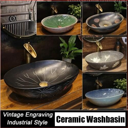 Carving art Ceramic Washbasin Bathroom Sink Lavatory Sink For Toilet Shampoo Basin Oval Countertop washbasin Matching Set Drain