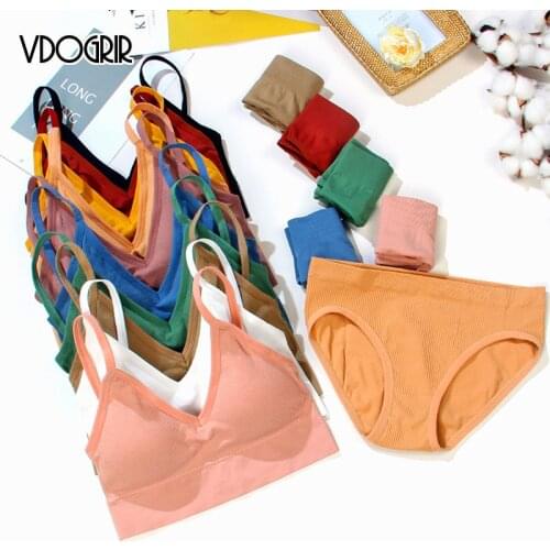 VDOGRIR Sexy Womens Bra Panties Set Push Up Sport Bra Set Seamless Cotton Briefs Female Lingerie Fitness Crop Top Underwear Set