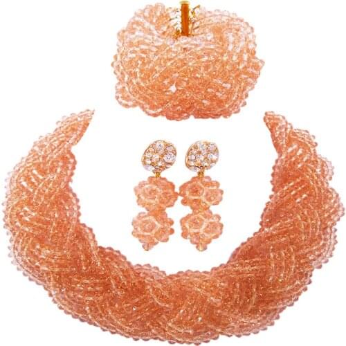 Fashion Peach African Beads Jewelry Set Nigerian Necklace Braccelet Earrings Party Jewelry Sets for Women 12BZ05