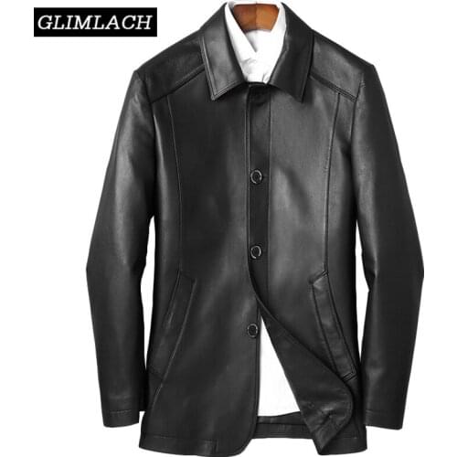Men Mid Long Real Sheep Leather Coat Slim Single Breasted Genuine Leather Lambskin Jacket Windbreaker Business Casual Clothes