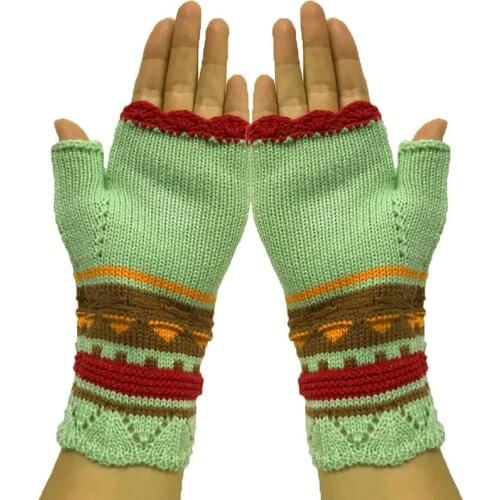 Adult Gloves Stitching Color Floral Embroidery Knitted Wrist Sleeve Fashion Female Winter Fingerless Cute Colorful Mittens Lady
