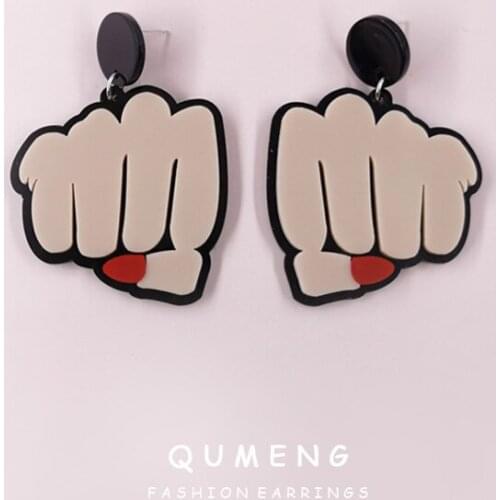 QUMENG 2021 Hotsale European Design Funny Exaggerated Fist Hand Acrylic Pendant Earrings Female Joker Unique Africa Jewelry