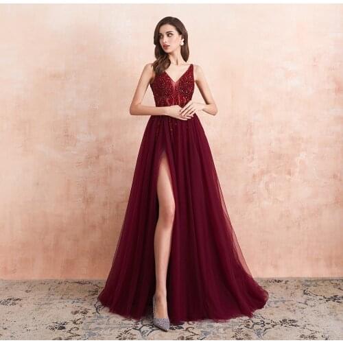 Sexy Tulle Long Prom Dresses 2020 New Arrival Beaded Split A-Line V-Neck Special Occasion Evening Party Gown