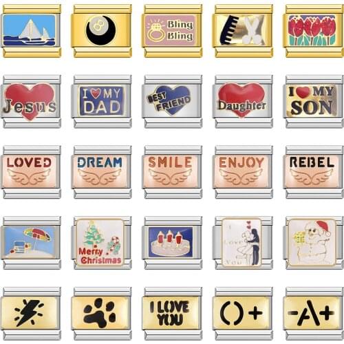 Hapiship Rose Lucky Dream Heart Jesus Lightning Police Italian Charm Links Fit 9mm Stainless Steel Bracelet Jewelry Making DJ043