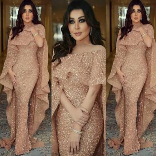 Bling Sequins Mermaid Prom Dresses Rose Gold Jewel Neck Floor Length Middle East Arabic Evening Party Gowns