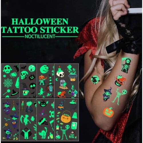 10 Kinds Luminous Tattoo Halloween Party Cartoon Pirate Unicorn Temporary Body Sticker Disposable Waterproof Tattoo Stickers