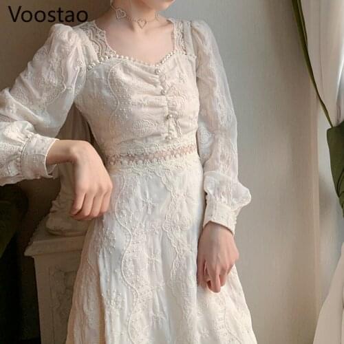 Spring Autumn French Chic Fairy Dress Women Elegant Floral Embroidery Lace Hollow Out Party Dresses Female Sweet Princess Dress