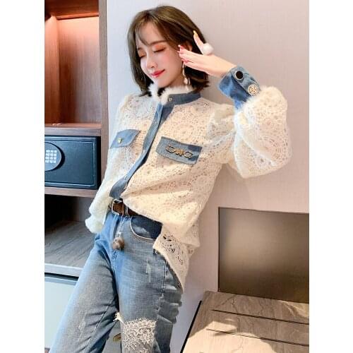 Different material stitching fashion color hollow lace temperament stand collar burred shirt womens winter new High Quality