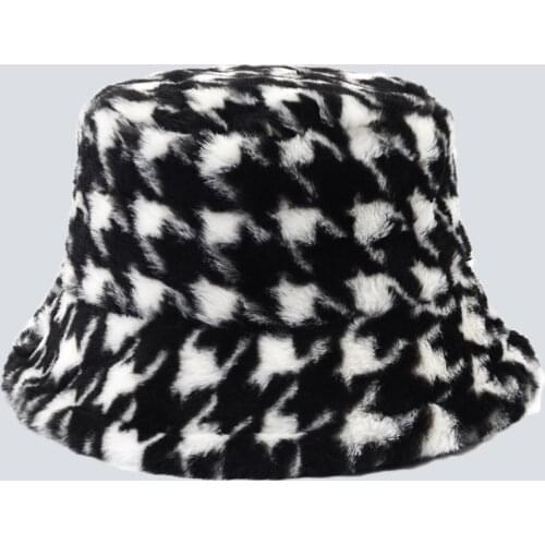 Women Fashion Houndstooth Bucket Hat Winter Girl Outdoor Faux Rabbit Fur Soft Fisherman Hat Vacation Warm Thick Panama 7 Color