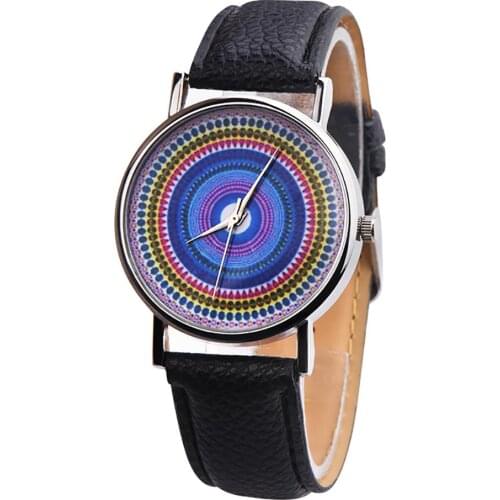Ethnic Style Faux Leather Band Women Round Quartz Wrist Watch Jewelry Gift montre femme