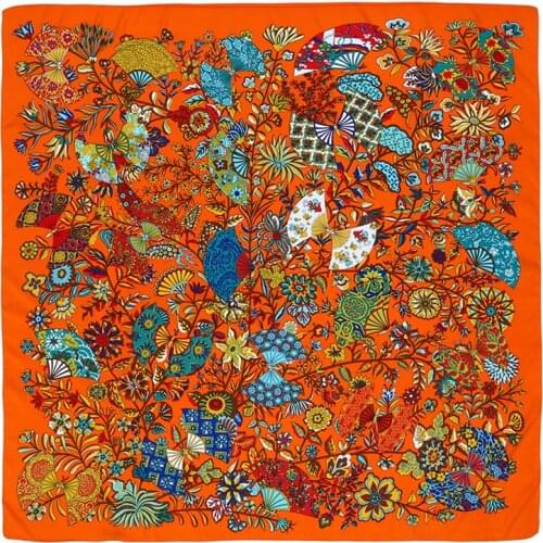 POBING 100% Silk Scarf Women Floral Fan Print Stoles Bandana Female Beach Shawl&Wrap Large Foulard Square Scarves 130*130CM