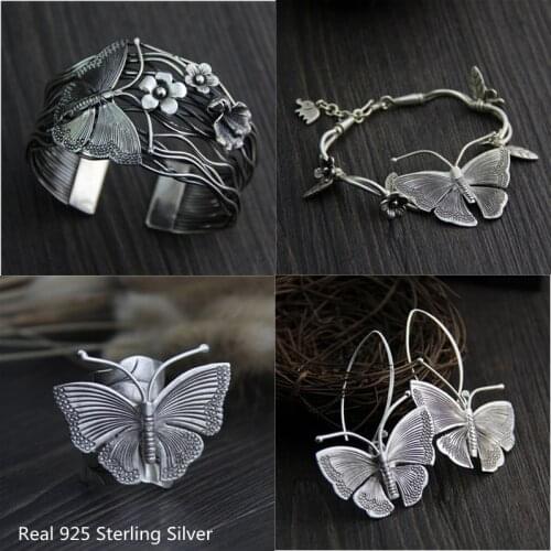 Buyee Real 925 Sterling Silver Big Wedding Jewelry Sets 40mm Width Bangle Retro Butterfly & Small Flower Ethnic Earring Women