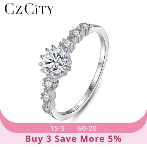 CZCITY Real 100% 925 Sterling Silver Classic Finger Rings for Women Bridals Wedding Engagemen with CZ Fine Jewelry Bijoux SR0370