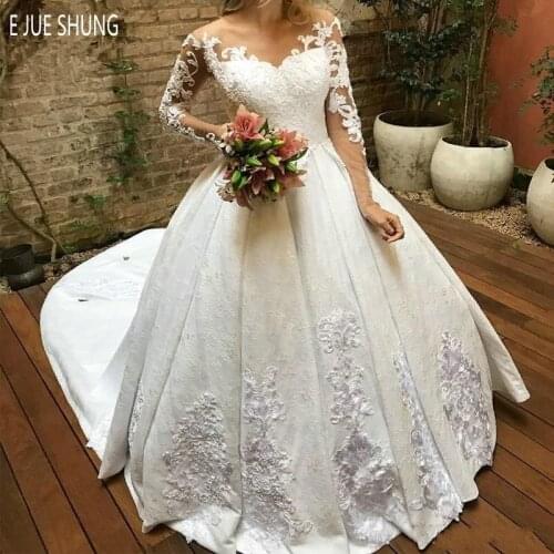 EJUE SHUNG New Elegant Ball Gown Wedding Dresses Scoop Neck Long Sleeves Appliques Formal Church Wedding Gowns Vestido De Novia