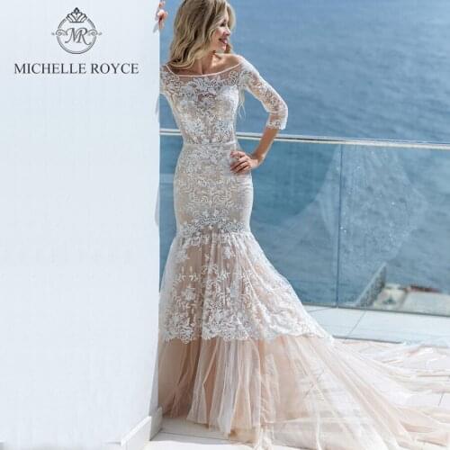 Michelle Royce Mermaid Wedding Dresses 2020 Boat Neck Cut-out Three Quarter Appliques Chapel Train Beach Vestido De Novia