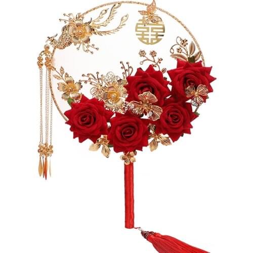 Chinese Traditional Bride Tassel Fan Vintage Wedding Round Hand-held Rose Flower