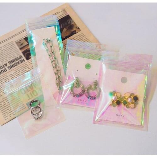 100pcs Iridescent Zipper Bags Cosmetic Plastic Laser Holographic Self-sealing Jewelry Storage Bag Reclosable