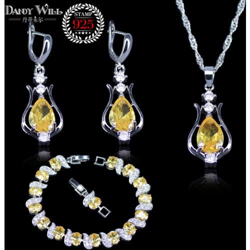 New Fashion White And Yellow Crystal Stone Silver Color 3 Piece Big Water Drop Bracelets Jewelry Sets For Women Party