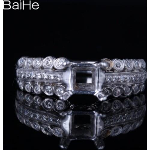 BAIHE Solid 10K White Gold Cushion Cut Women Fine Jewelry Vintage half tray set with diamonds Semi Mount Ring
