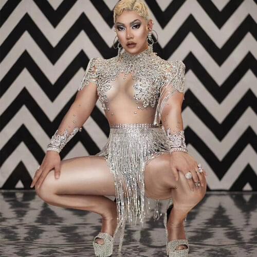 Sparkling Silver Crystals Women Bodysuits Shining Diamonds Tassel Tight Stretch Jumpsuits DJ Singer Dance Stage Wear