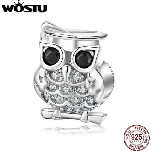 WOSTU 100% 925 Sterling Silver Lovely Owl Animal Beads Clear Zircon Fit Original Bracelet Charms Pendant Fashion Jewelry BNC124