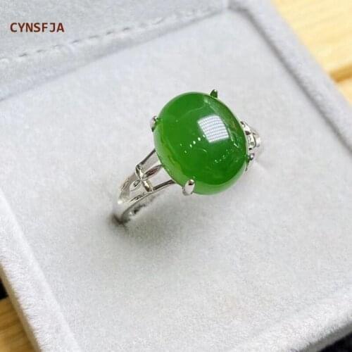 CYNSFJA New Real Rare Certified Natural Hetian Jasper Womens Rings 925 Silver Luck Amulet Nephrite Green Jade Ring Fine Jewelry