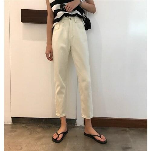 Stitching design: white high-waisted baggy straight pants for womens nine-point trousers for fall 2018 new womens wear 8012