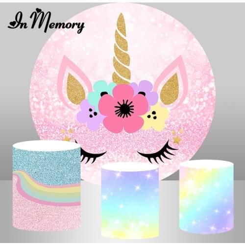 InMemory Pink Glitter Unicorn Party Round Backdrops Flowers Rainbow Girls Baby Shower Newborn Birthday Photography Background