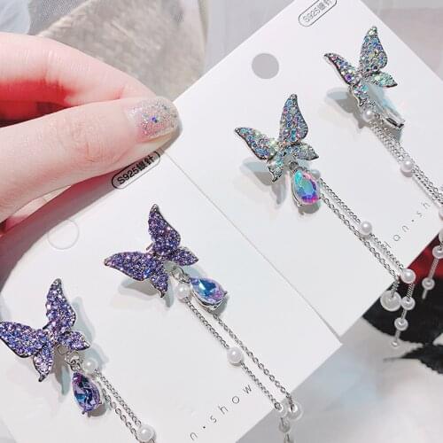 Korean New Trendy Long Tassel Drop Earrings Pearl Crystal Butterfly Hanging Women Earrings Summer Jewelry Wedding Party Gift