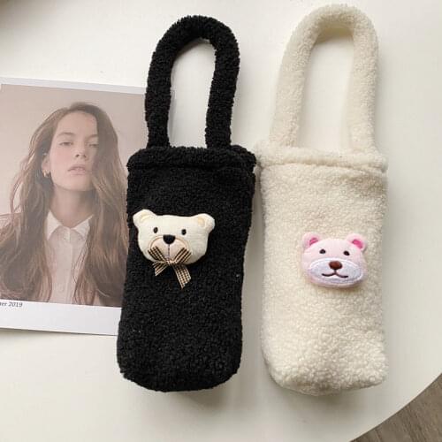 Cute Plush Children Girls Small Shoulder Messenger Bags Cow Pattern Women Portable Water Cup Bag Simple Female Mini Handbags