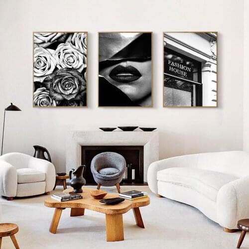 Fashion House Canvas Art Print Black and White Flower Wall Picture Sexy Woman Lips Painting Decor for Home Unframe