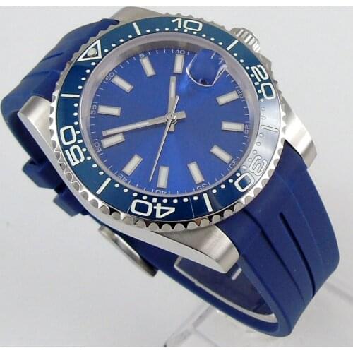 40mm Sterile Blue Dial Sapphire Glass Date Rubber Luminous Numbers MIYOTA 8215 Automatic Movement Mens Watch