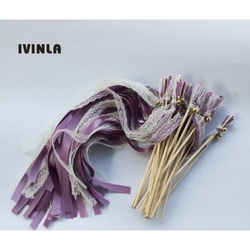 Newest 50pcs/lot Purple ribbon wands with Cream lace and gold bell for wedding decoration