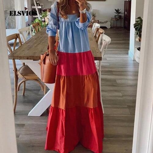 New Womens Elegant Square Collar Long Sleeve Dress Casual Multicolor Patchwork Dresses Autumn Ladies Fashion Party Long Dresses