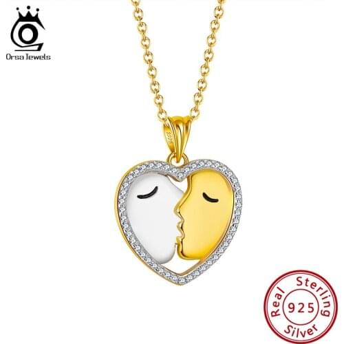 ORSA JEWELS Real 925 Silver Kiss Pendant Necklace Rhodium & Gold Plated Women Heart Necklace Unique Gift for Better Half SN288