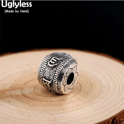 Uglyless Genuine 999 Pure Silver Beads Pendants Necklaces NO Chains Double Layers 6-Word Mantra Spinning Necklaces for Buddhists