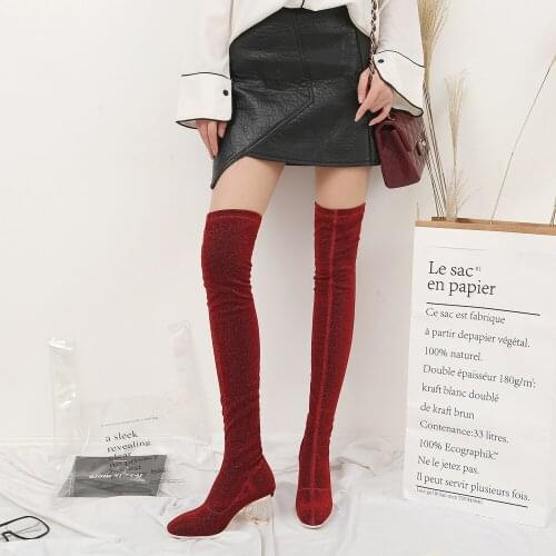 Green over the knee boots woman 2020 big size 35-43 slim Elastic boots women sequin crystal high heel party prom shoes autumn