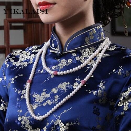 YIKALAISI 2017 Long Multilayer 100% real Pearl jewelry Freshwater Pearl Crystal Balls Women choker Jewelry For Women weddings