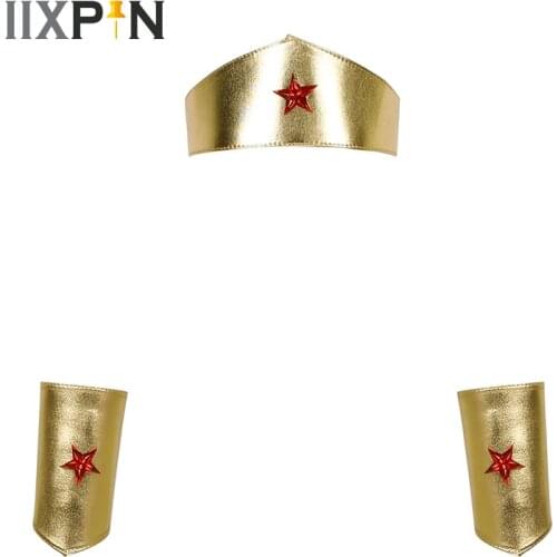Women Cosplay Costume Set Shiny Metallic Star Decor Tiara Headdress With Cuff Halloween Party Role Play Game Outfit Accessories