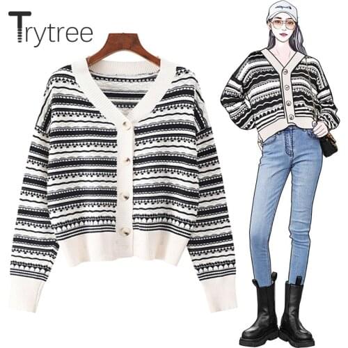 Trytree Spring Autumn Woman Sweater Casual Single Breasted Cardigan V-neck Wavy Stripes Acrylic Knitted Jacket Tops for Women