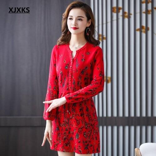 XJXKS 2021 autumn winter new fashion V-neck long-sleeved women long sweater 100% wool knitted dress women printed pullover