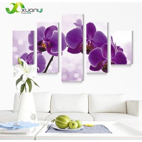 5 Panel New Modern Purple Flower Painting Picture Cuadros Decoracion Canvas Art Wall Decor For Living Room No Frame XY284