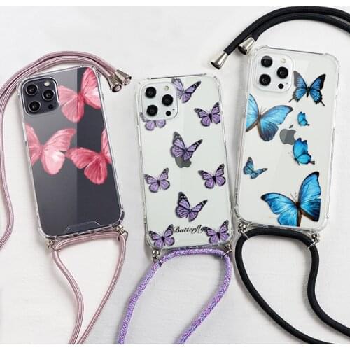 For Samsung Galaxy A12 A52 A32 A72 A50 A51 A70 A71 A31 A40 A42 A10 A20E S8 S9 S10 S20 FE S21 Plus Airbag Lanyard Butterfly Case