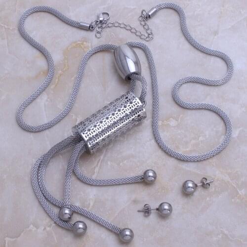 Fashion Jewelry Stainless Steel Round Ball Pendant Long Necklace & Earrings Set For Woman Bijoux En Acier Inoxydable SE119003